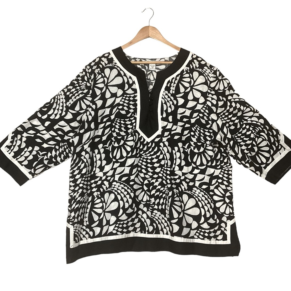 SHANGHAI RED Women's sz 3X Blouse 100% Linen Pullover Abstract Geo Black White